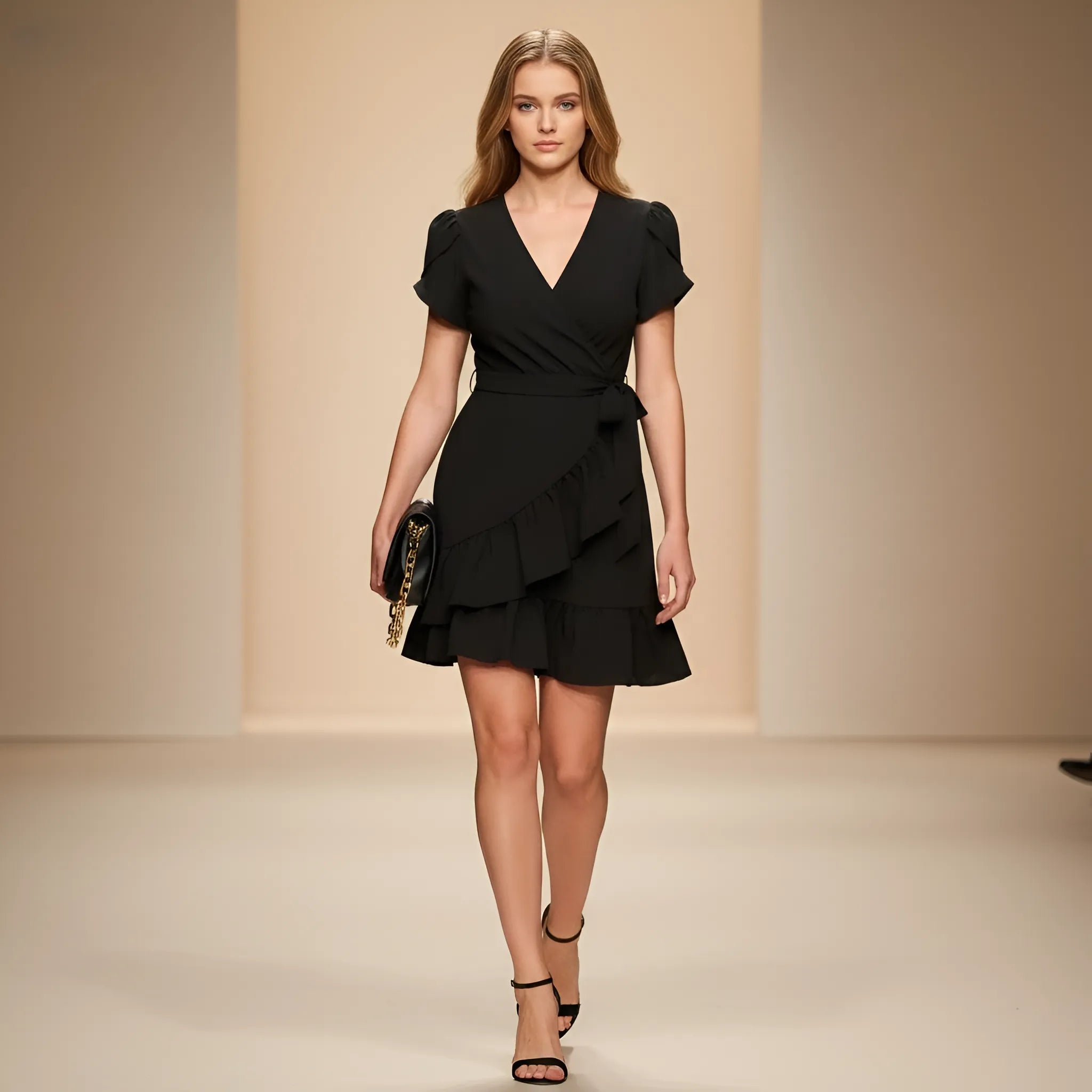 Aurélia V-Neck Wrap Dress – Elegant Short Sleeve Ruffle Dress by Zenova