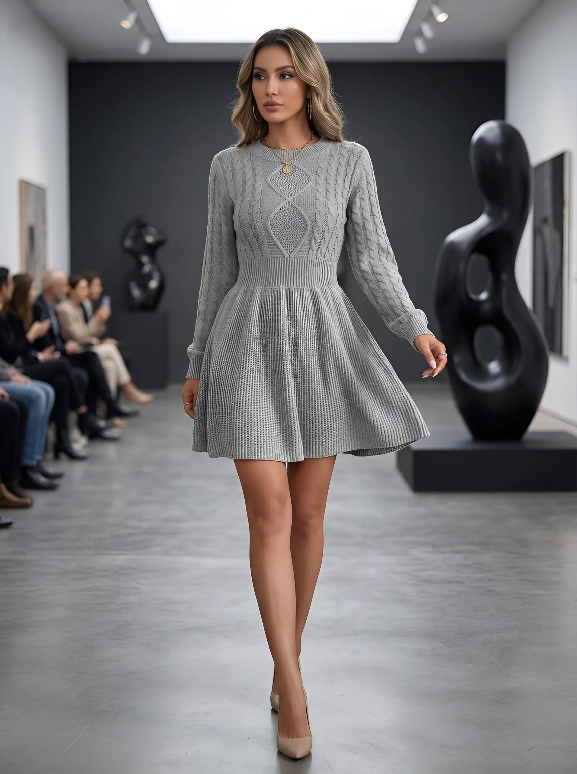 Zenova CableCharm™ – Cable Knit Bubble-Sleeve Belted Fit & Flare Sweater Dress