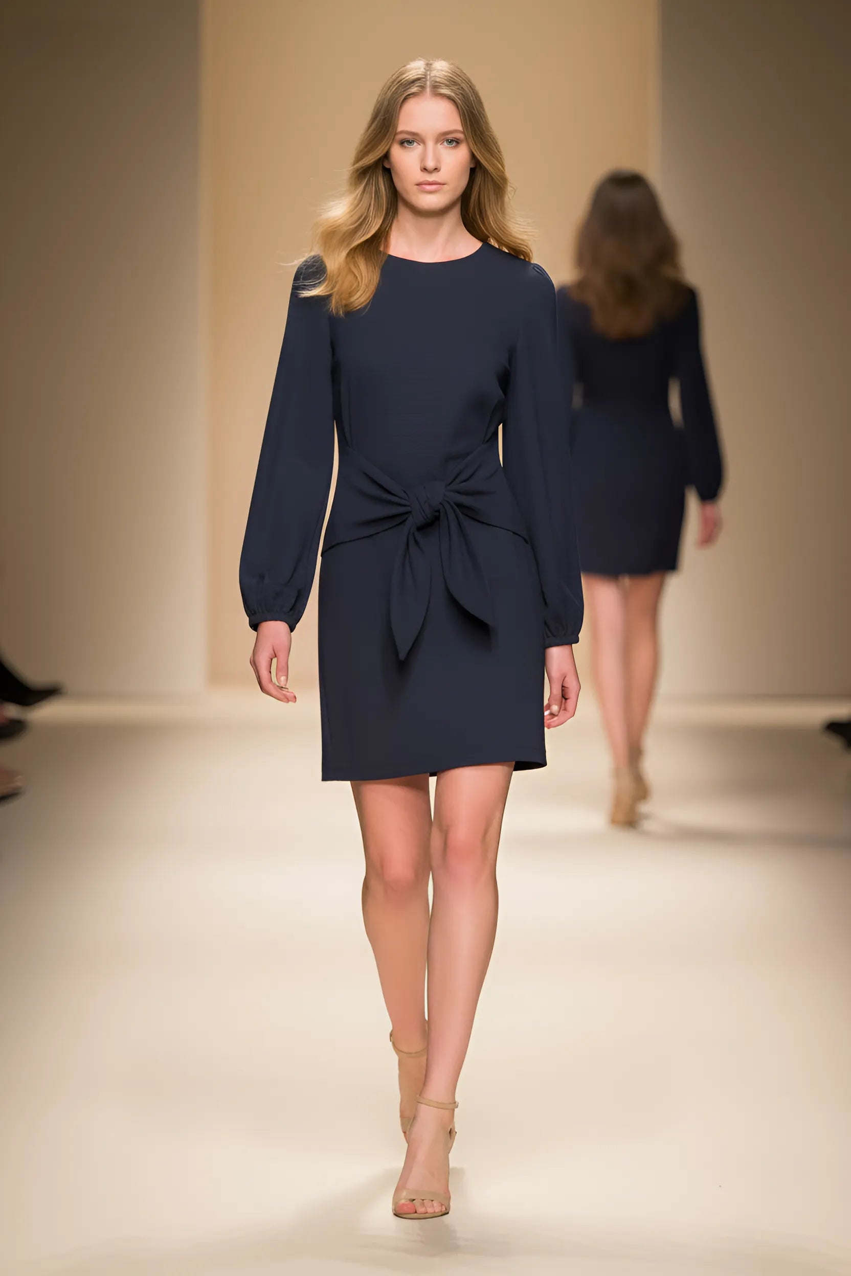 Zenova LunaTie™ – Lantern Sleeve Knit Mini Dress (O-Neck, Tie-Waist)