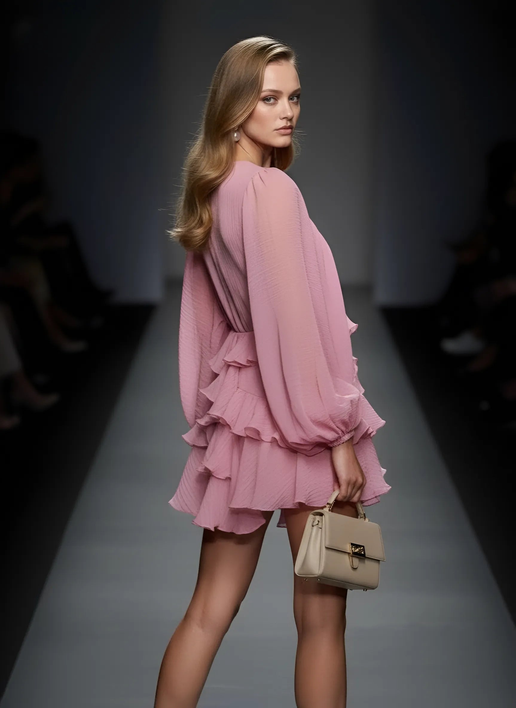 Zenova Aurelia™ Lantern Sleeve Tiered Chiffon Mini Dress