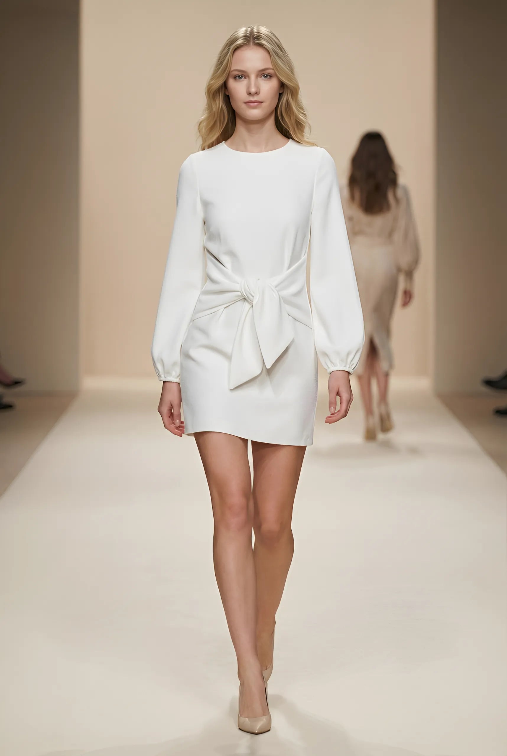 Zenova LunaTie™ – Lantern Sleeve Knit Mini Dress (O-Neck, Tie-Waist)