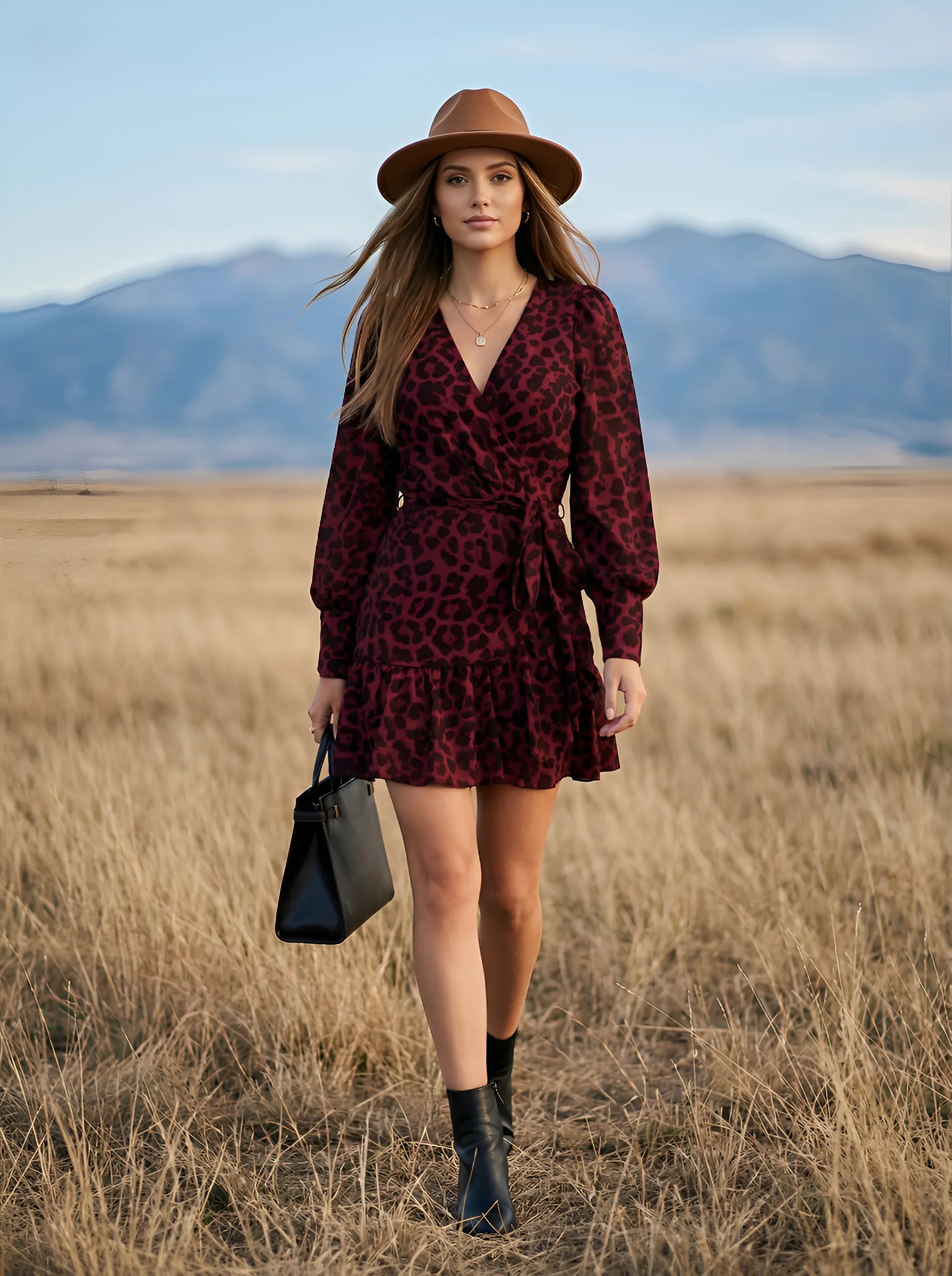 Zenova WildLace™ – Leopard V-Neck Lace-Up Puff-Sleeve Mini Dress