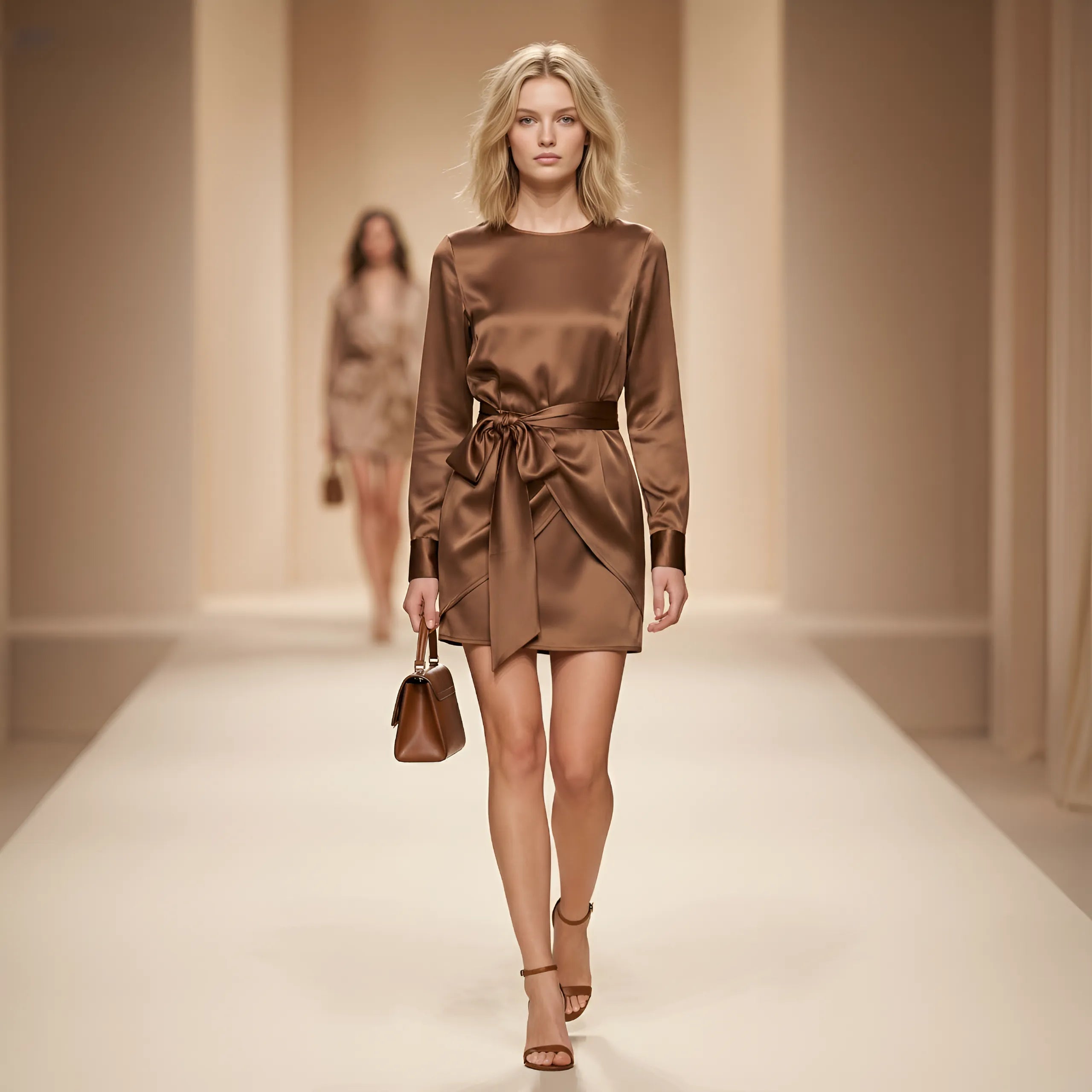 Zenova SatinSculpt™ – O-Neck Long-Sleeve Ruched Tie Mini Dress