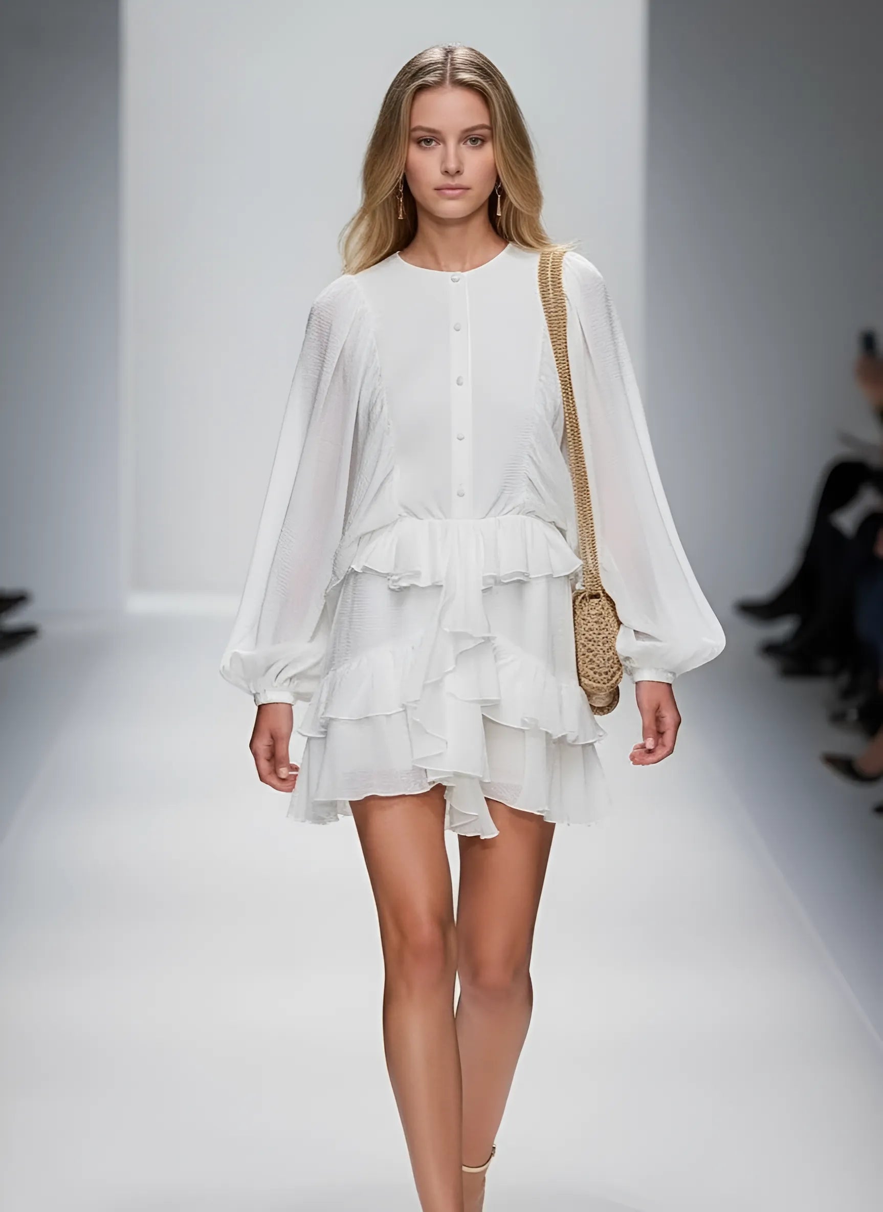 Zenova Aurelia™ Lantern Sleeve Tiered Chiffon Mini Dress