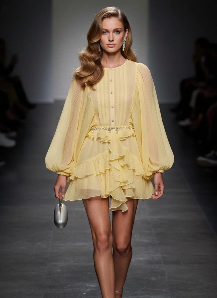 Zenova Aurelia™ Lantern Sleeve Tiered Chiffon Mini Dress