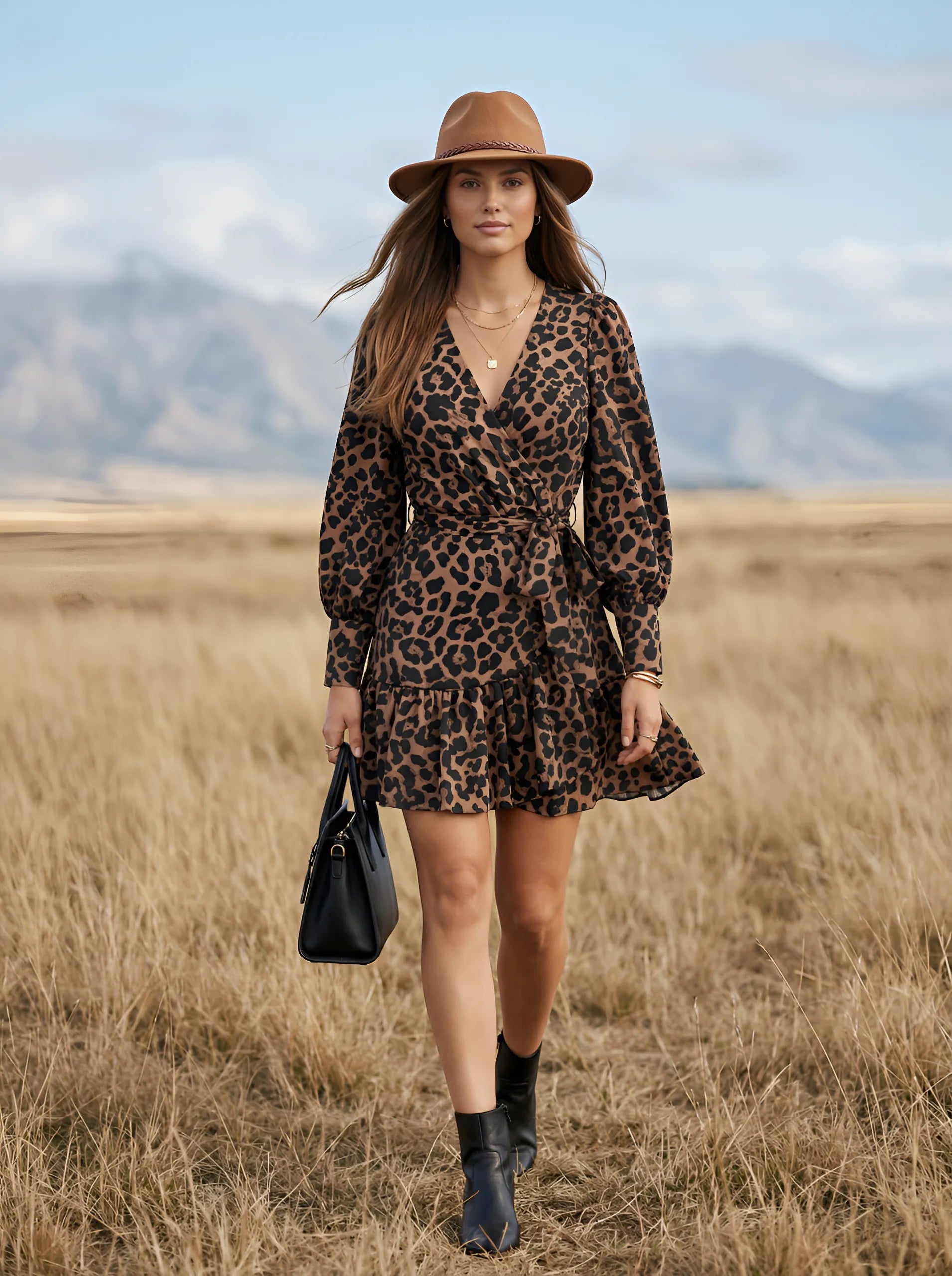 Zenova WildLace™ – Leopard V-Neck Lace-Up Puff-Sleeve Mini Dress