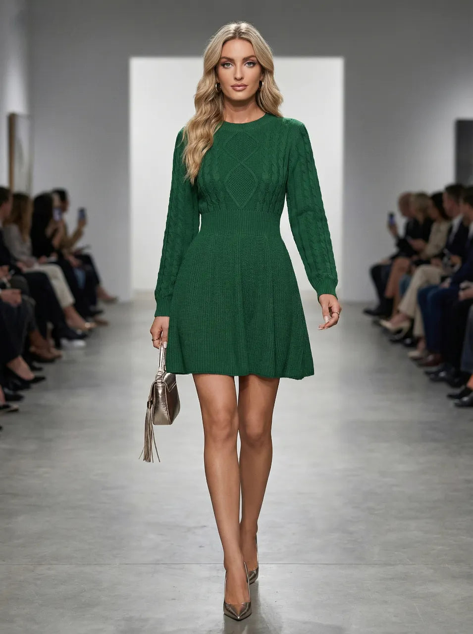 Zenova CableCharm™ – Cable Knit Bubble-Sleeve Belted Fit & Flare Sweater Dress