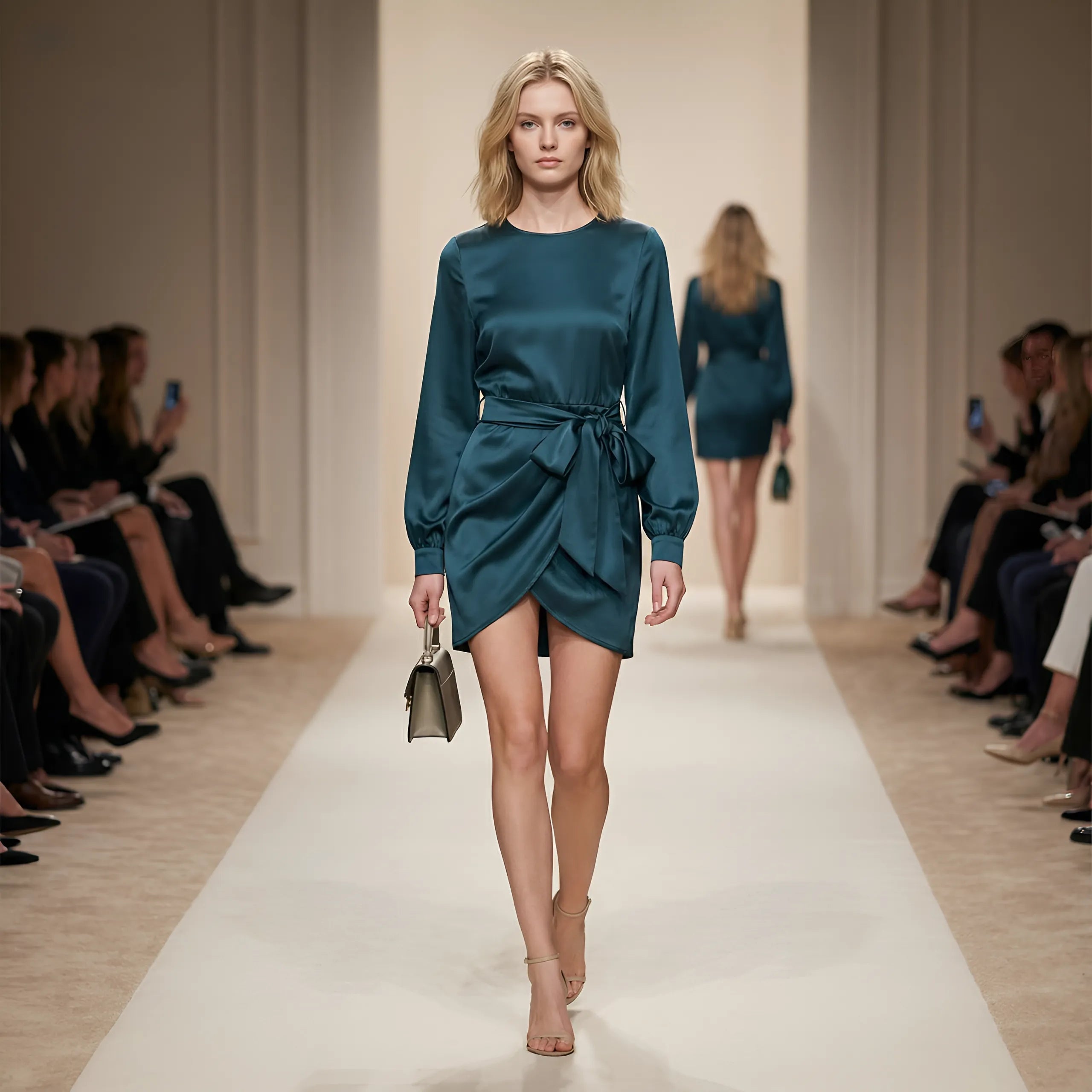 Zenova SatinSculpt™ – O-Neck Long-Sleeve Ruched Tie Mini Dress