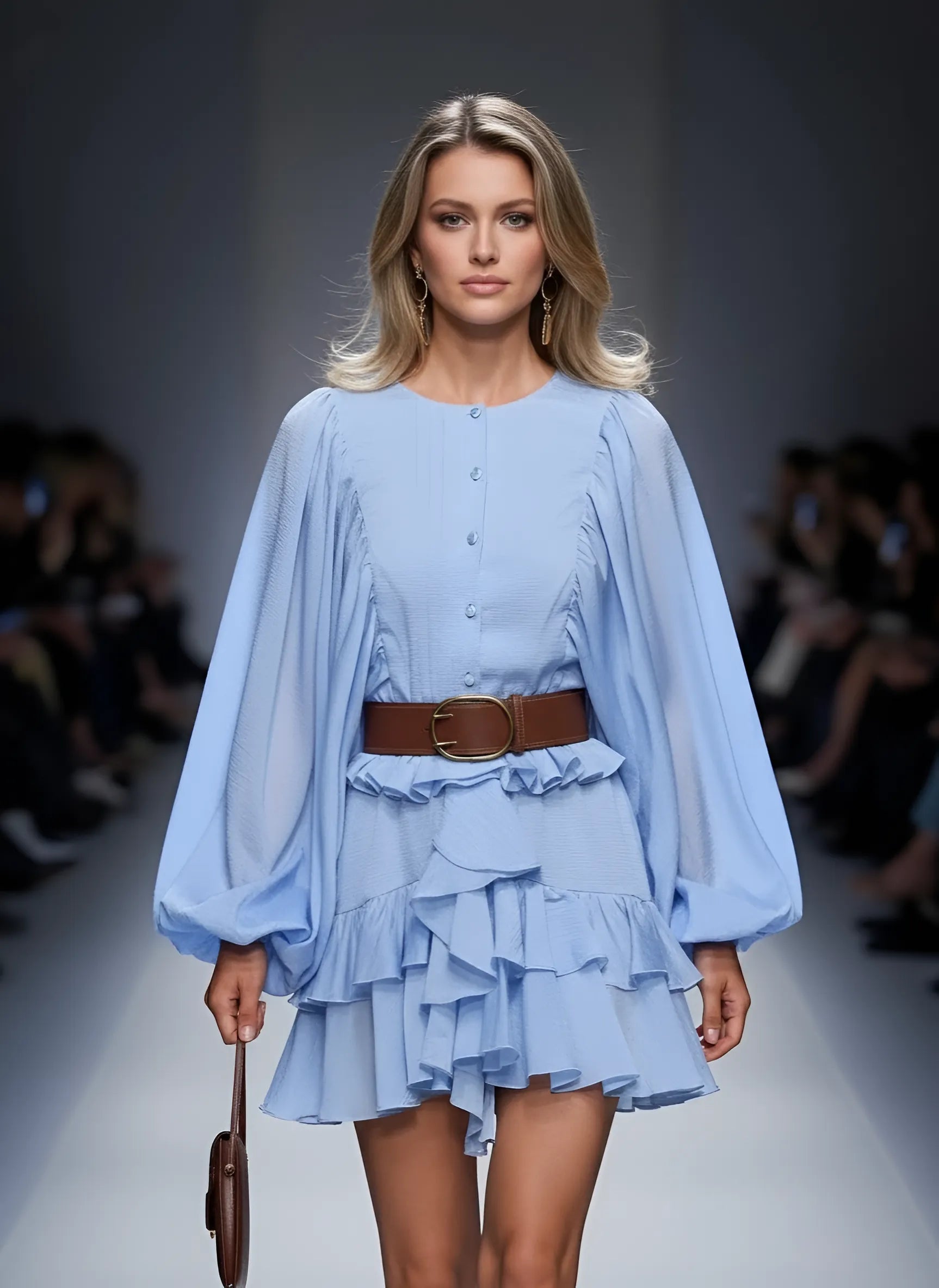 Zenova Aurelia™ Lantern Sleeve Tiered Chiffon Mini Dress