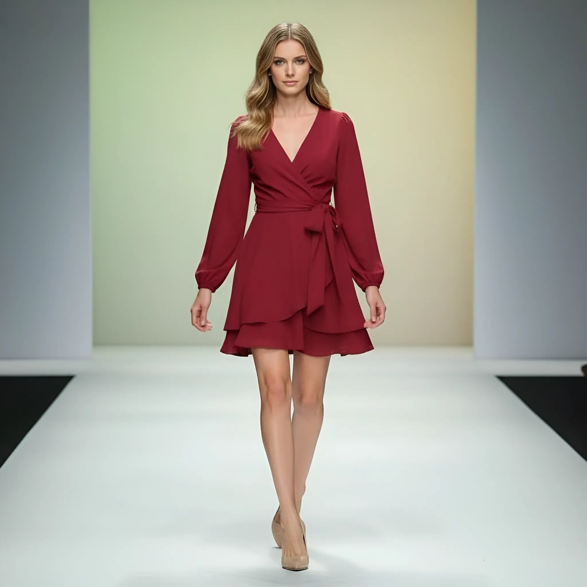 Zenova ÉlanWrap™ – V-Neck Wrap Tie-Waist Long-Sleeve A-Line Mini Dress