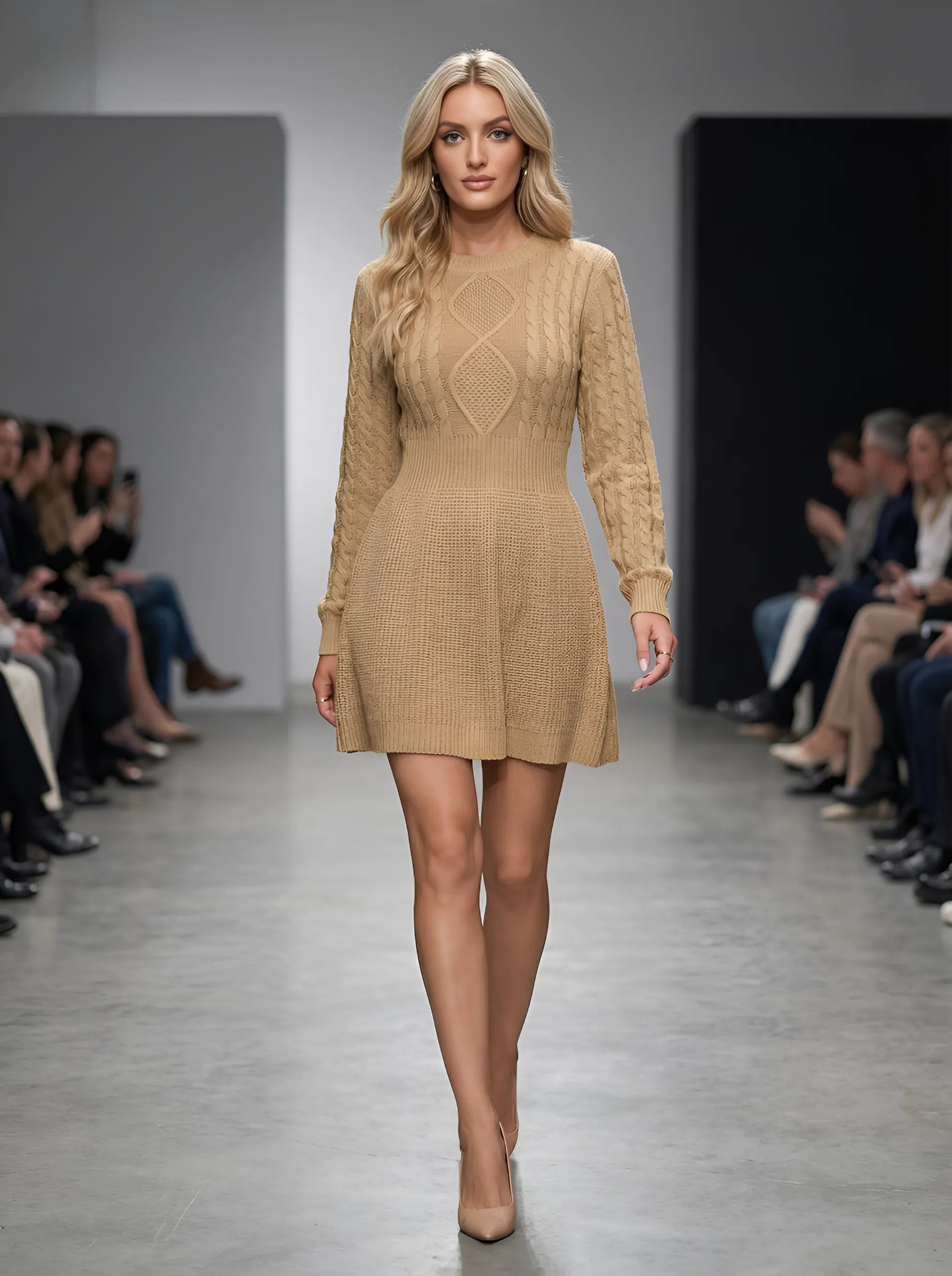 Zenova CableCharm™ – Cable Knit Bubble-Sleeve Belted Fit & Flare Sweater Dress