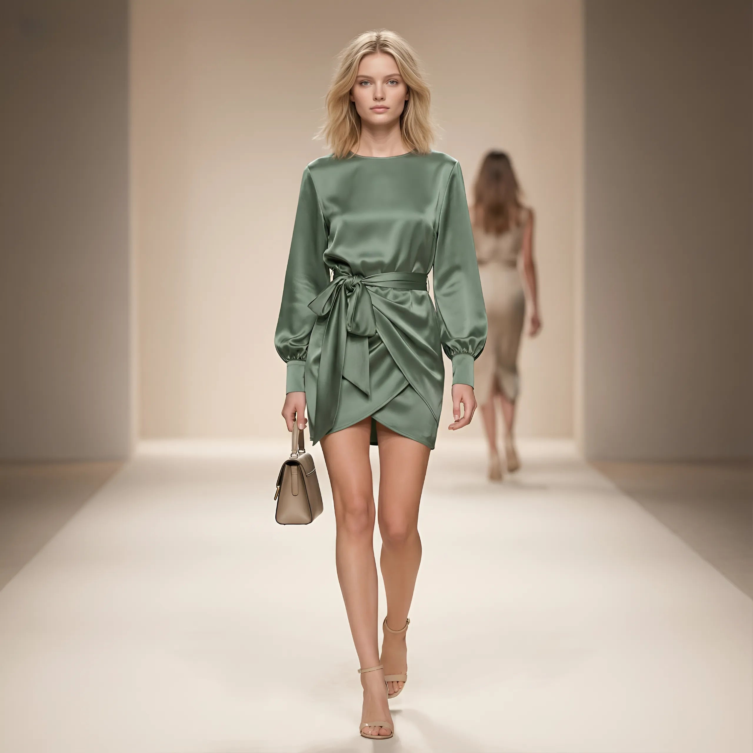 Zenova SatinSculpt™ – O-Neck Long-Sleeve Ruched Tie Mini Dress