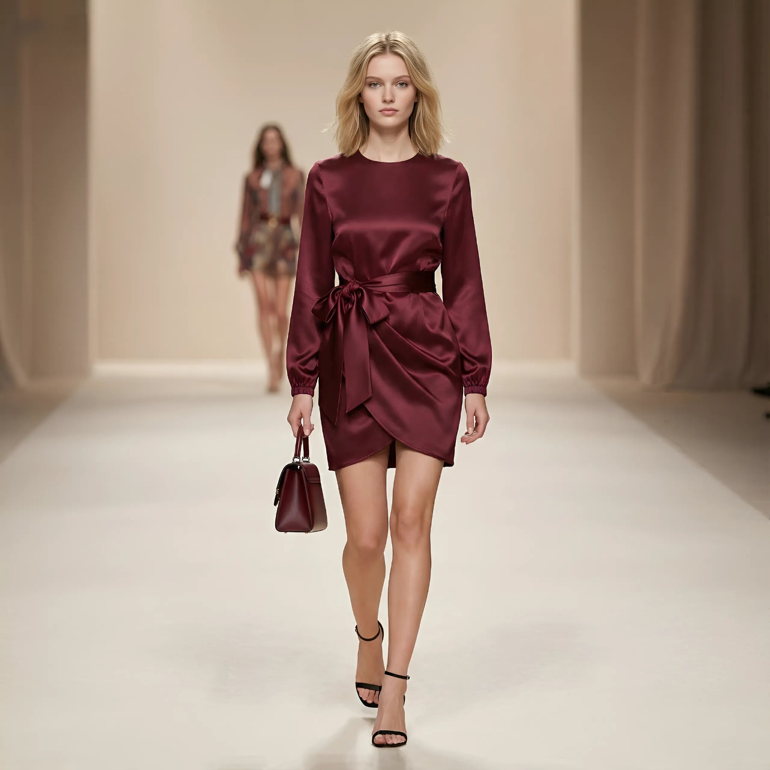 Zenova SatinSculpt™ – O-Neck Long-Sleeve Ruched Tie Mini Dress