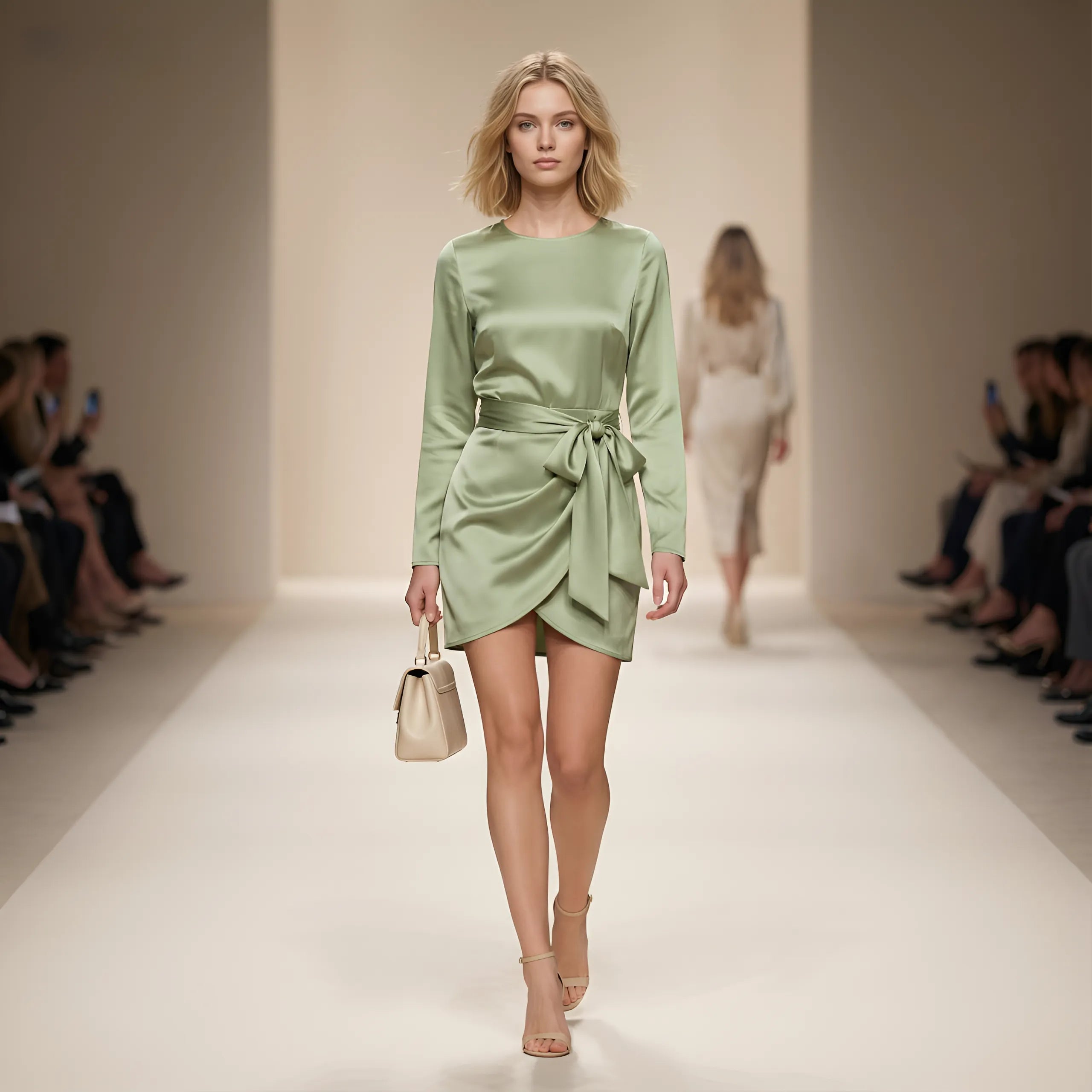 Zenova SatinSculpt™ – O-Neck Long-Sleeve Ruched Tie Mini Dress